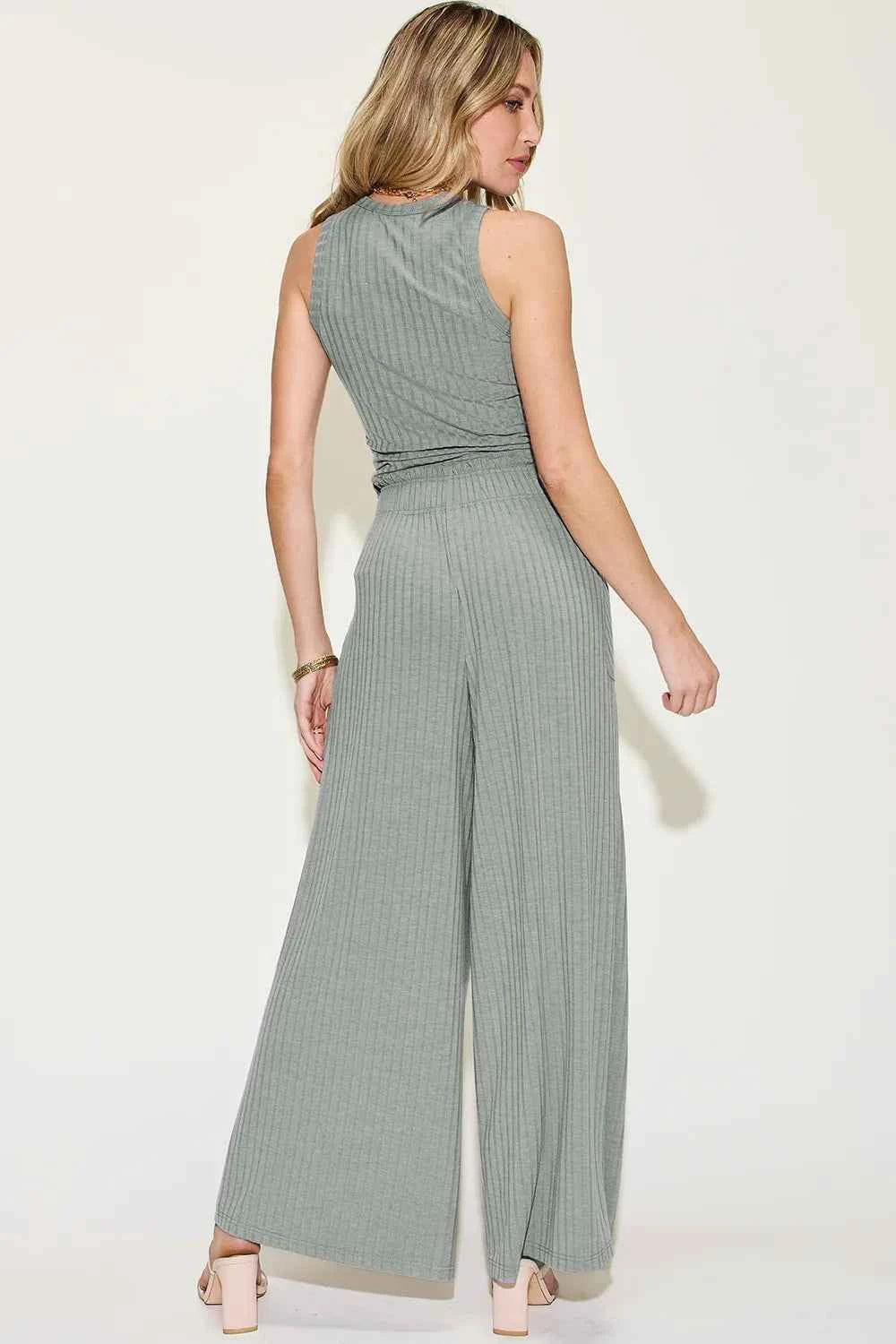 Full Size Ribbed Tank and Wide Leg Pants Set for Effortless Chic Style