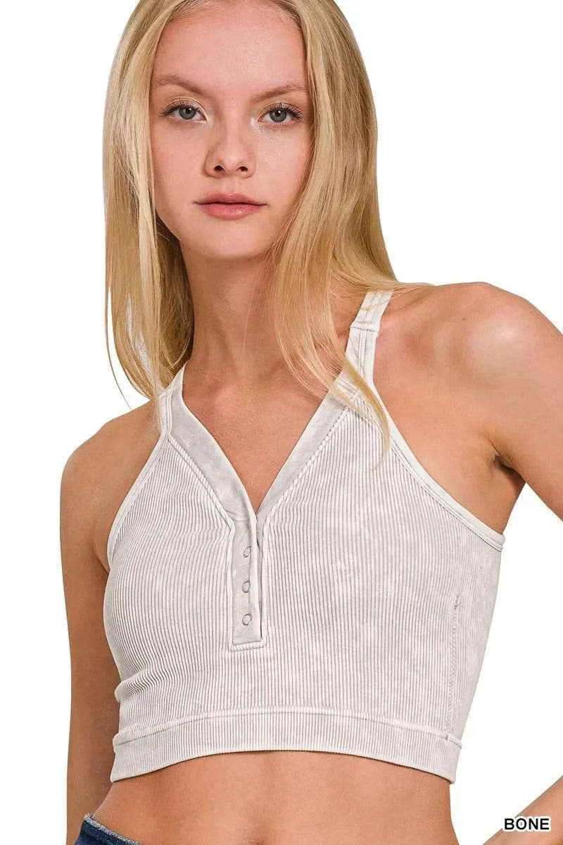 Washed Ribbed Seamless Button V-neck Tank Top