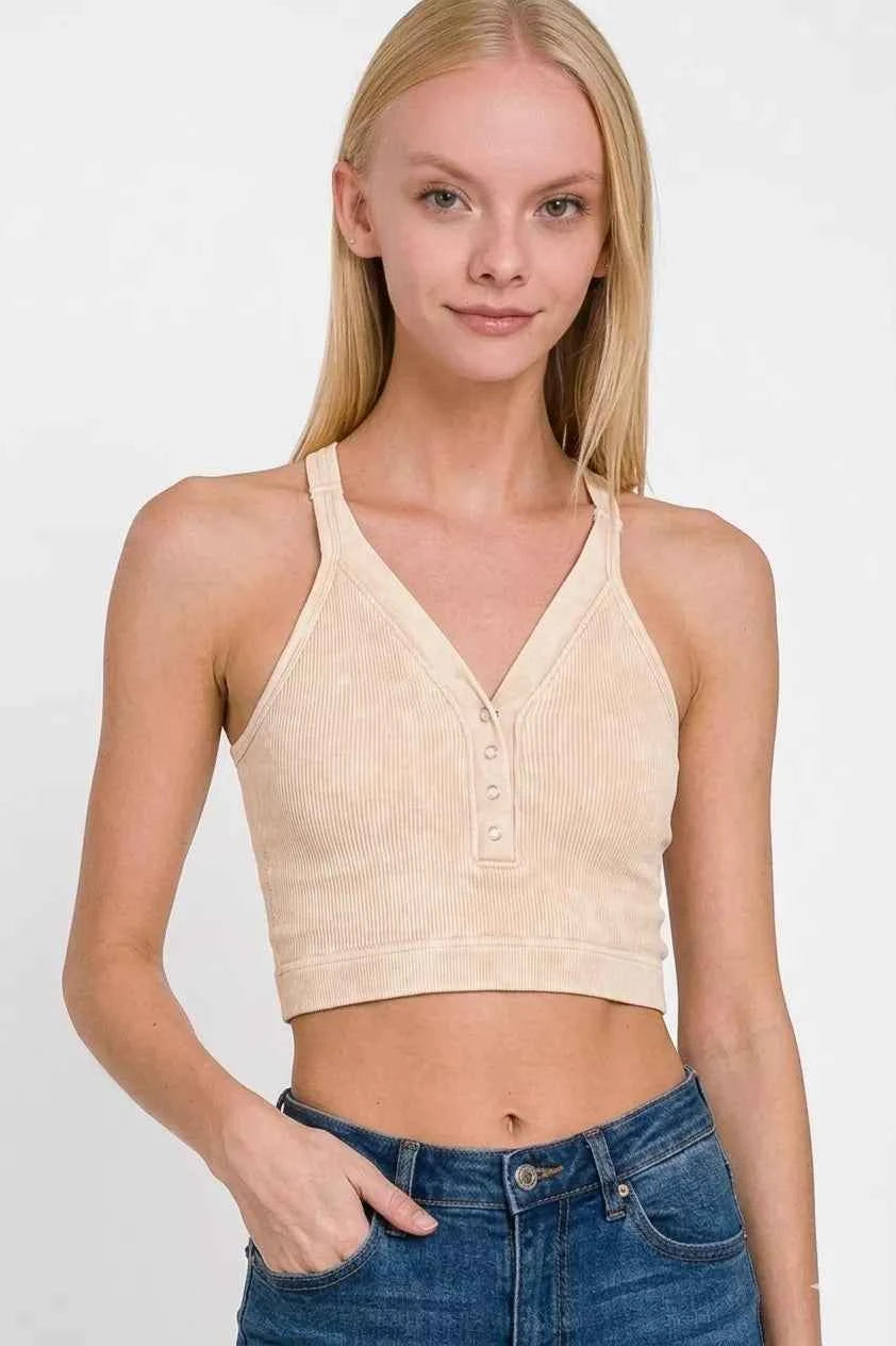 Zenana Washed Ribbed Seamless Button V-neck Tank Top