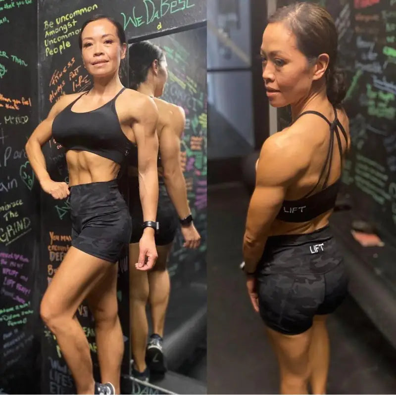 Muscular woman in athletic wear posing in a gym setting.