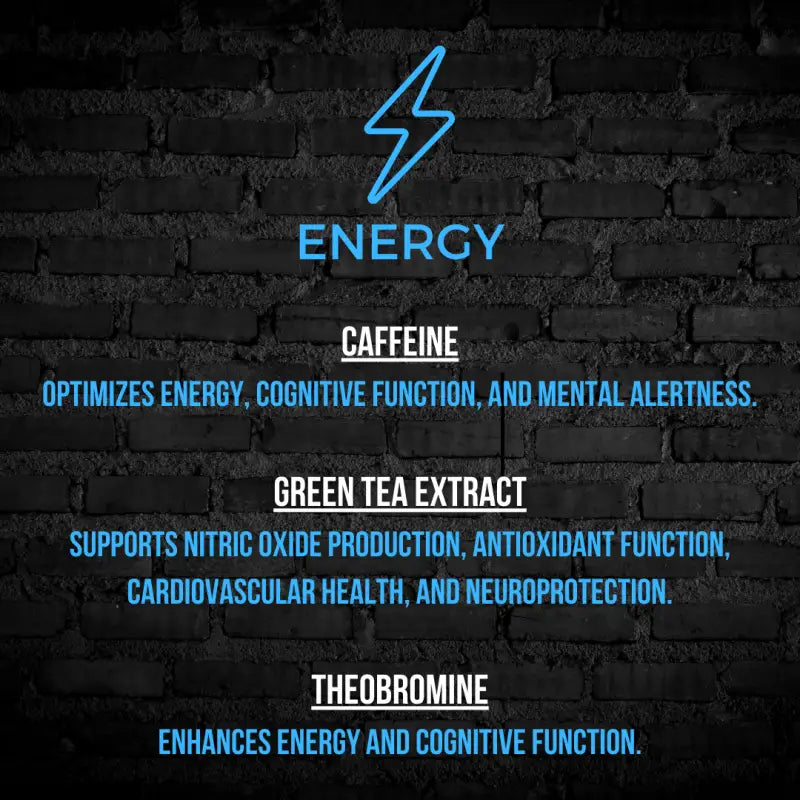 Infographic about energy-boosting ingredients with a blue lightning bolt logo.