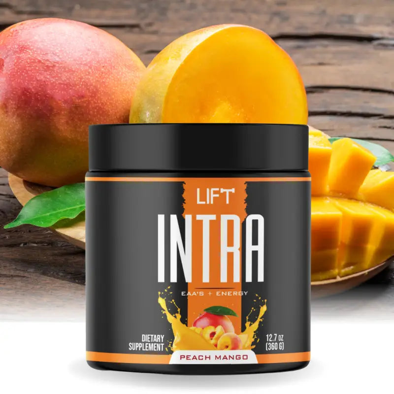 Black container of ’INTRA LIFT’ dietary supplement with peach-mango flavor.