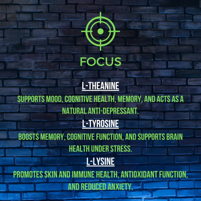 Neon green sign displaying information about focus-enhancing supplements on a brick wall.
