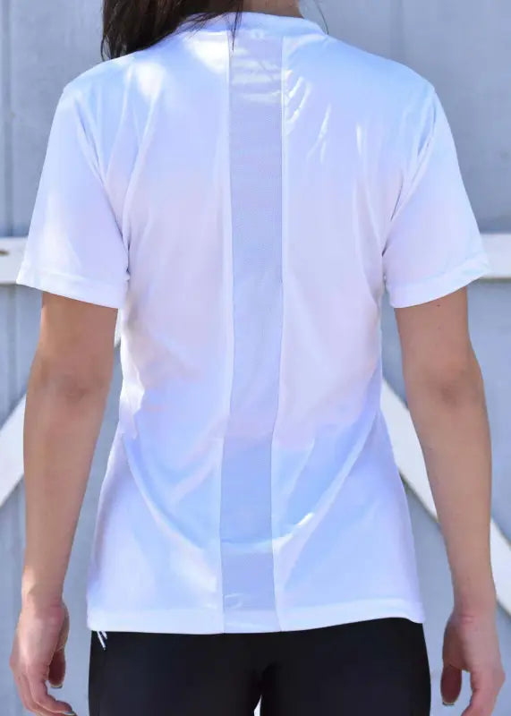 White short-sleeved shirt viewed from the back.