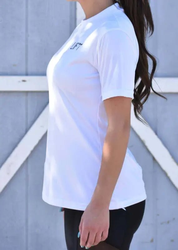 White short-sleeved polo shirt with a small logo on the chest.