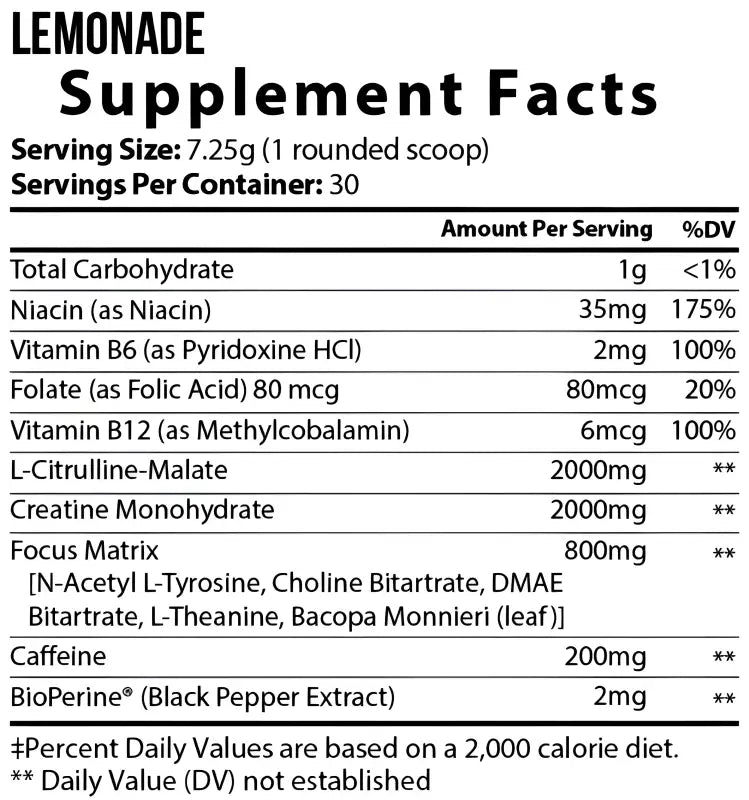 Supplement facts label for a lemonade-flavored product listing nutritional information and ingredients.