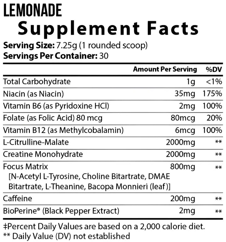 Supplement facts label for a lemonade-flavored product listing nutritional information and ingredients.