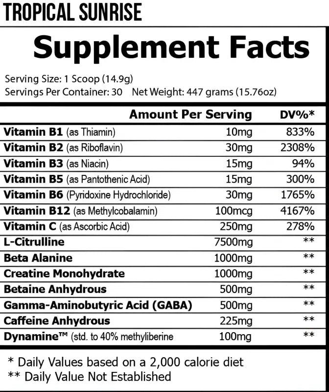 Supplement facts label for a product called ’Tropical Sunrise’ listing various vitamins and other ingredients.