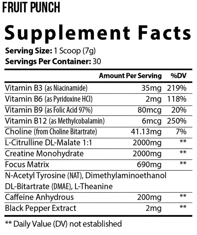 Supplement facts label for a product called ’Fruit Punch’ listing various vitamins, minerals, and other ingredients.
