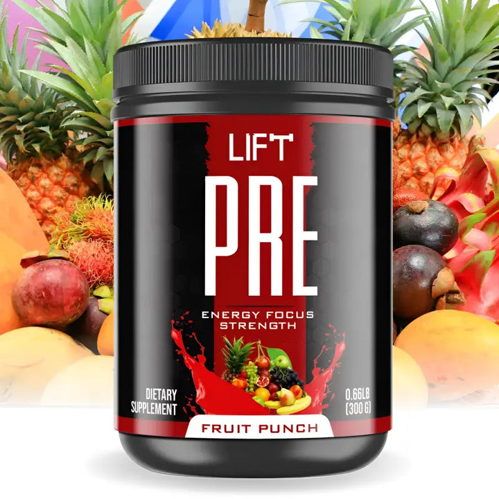 Black container of ’LIFT PRE’ pre-workout supplement in Fruit Punch flavor.