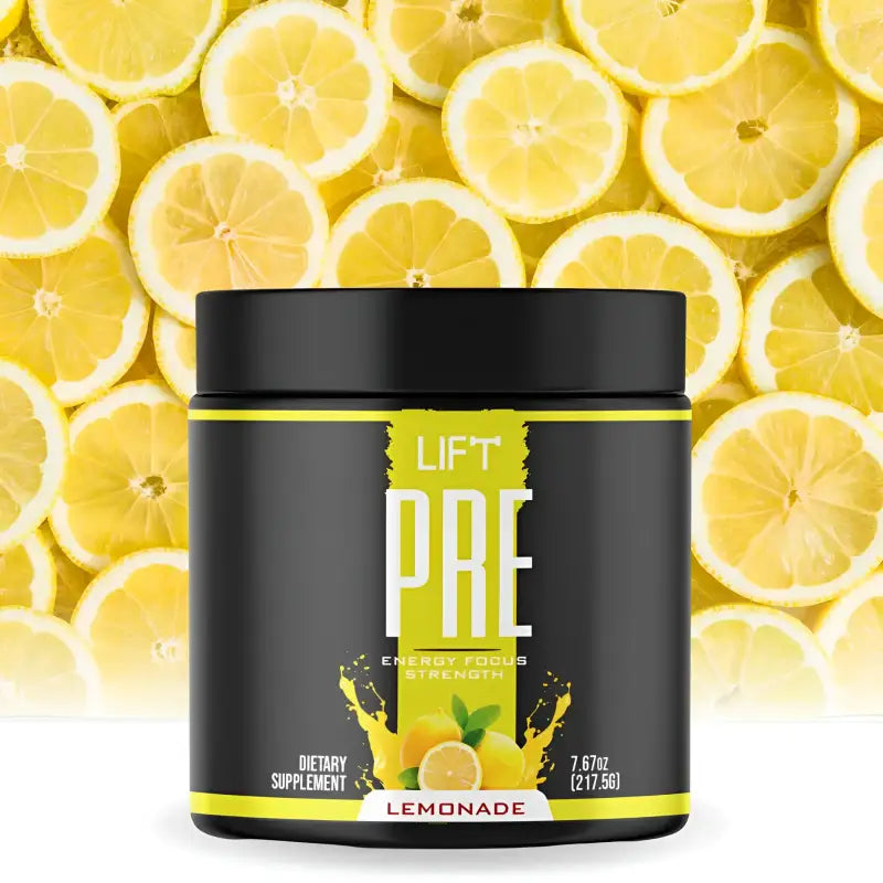 Black container with a yellow label displaying ’LIFT PRE’ and ’LEMONADE’ against a backdrop of sliced lemons.