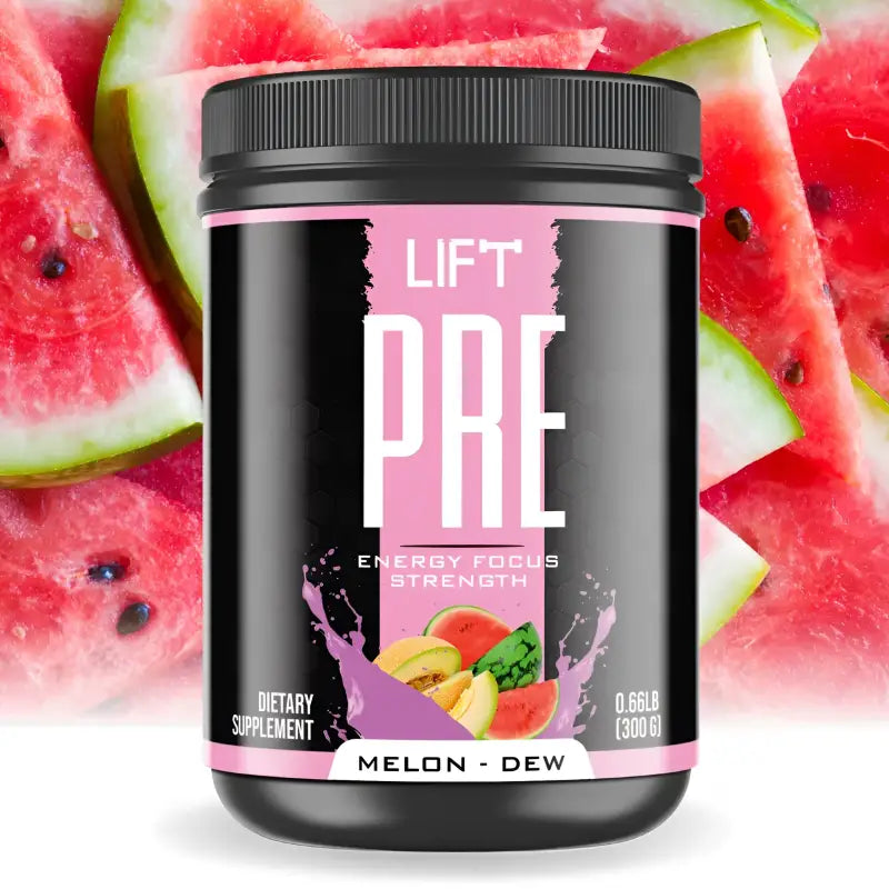 Black container of ’LIFT PRE’ pre-workout supplement in Melon Dew flavor.
