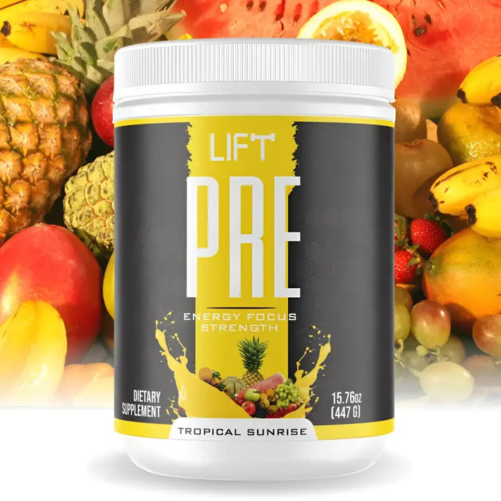 Container of ’LIFT PRE’ pre-workout supplement in Tropical Sunrise flavor against a backdrop of colorful fruits.