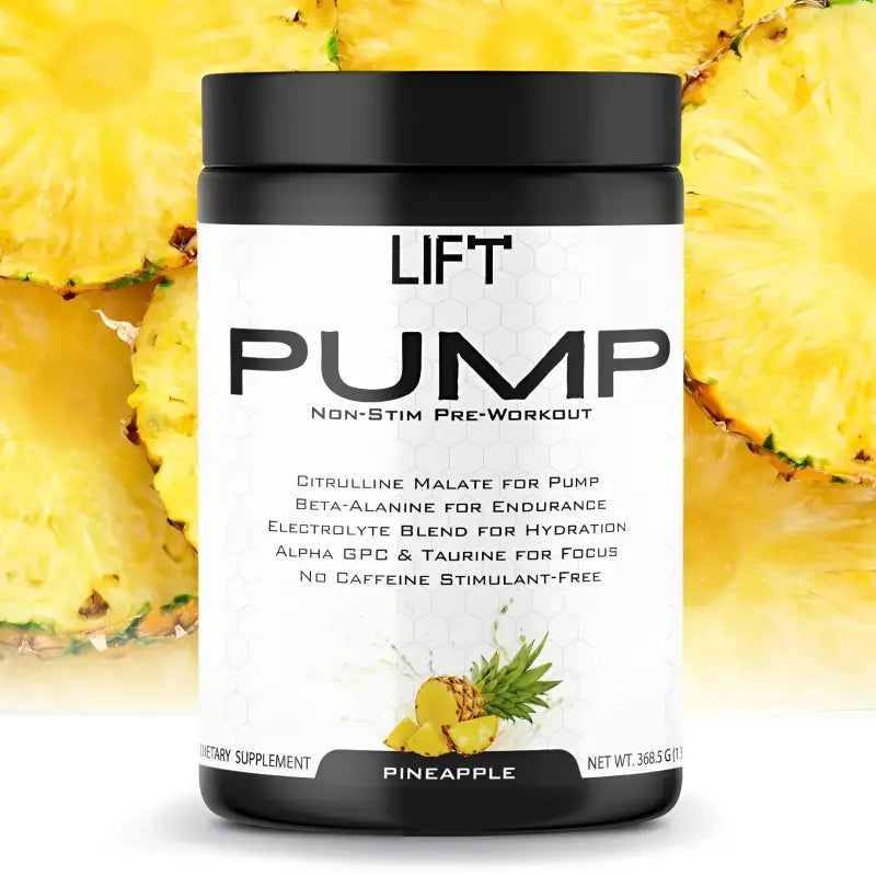 Black container of pineapple-flavored pre-workout powder.