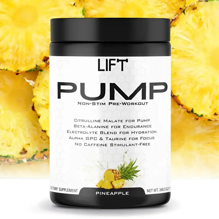 Black container of pineapple-flavored pre-workout powder.