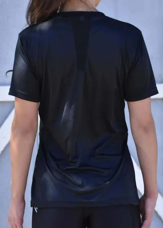 Dark blue or navy short-sleeved shirt viewed from the back.