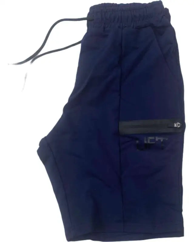 Navy blue sweatpants or athletic shorts with a zippered side pocket.