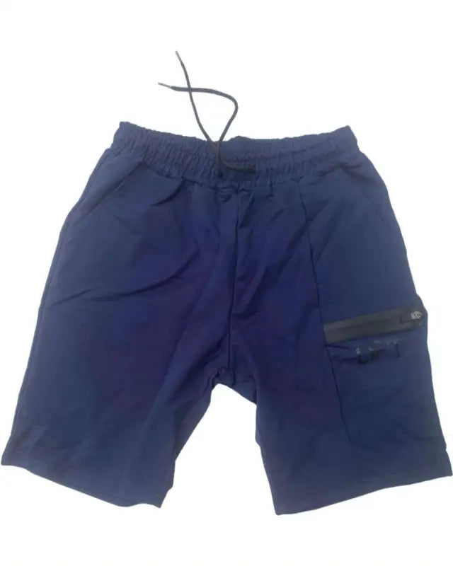 Navy blue shorts with a side cargo pocket and drawstring waist.